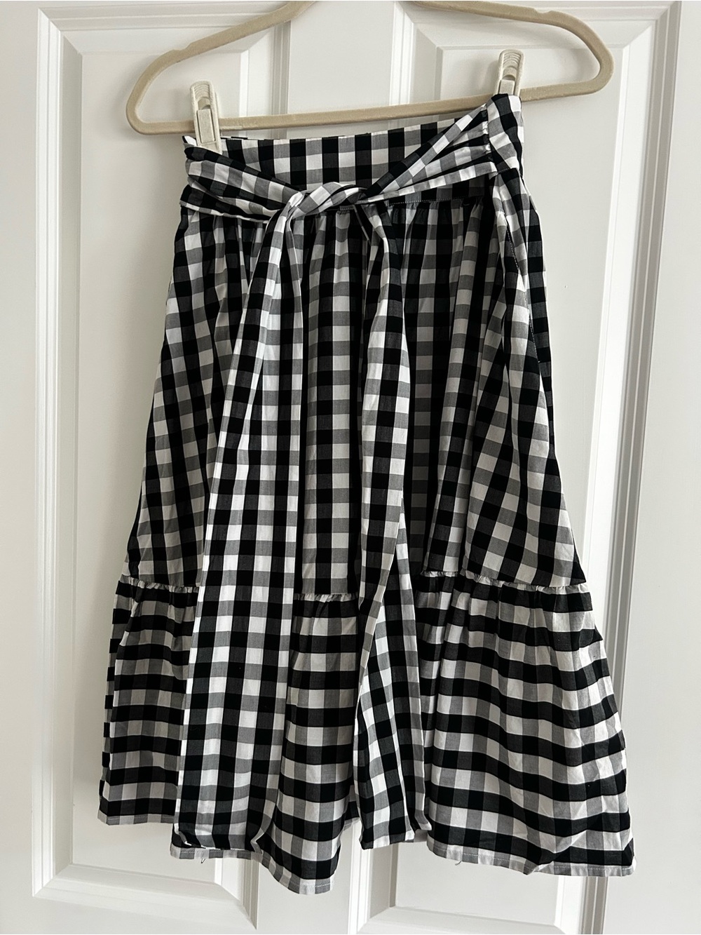 J. Crew Black & White Gingham Tiered Midi Skirt with Self Tie